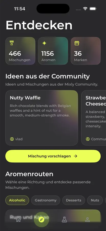 Echter Discovery-Screen in der Mixly-App
